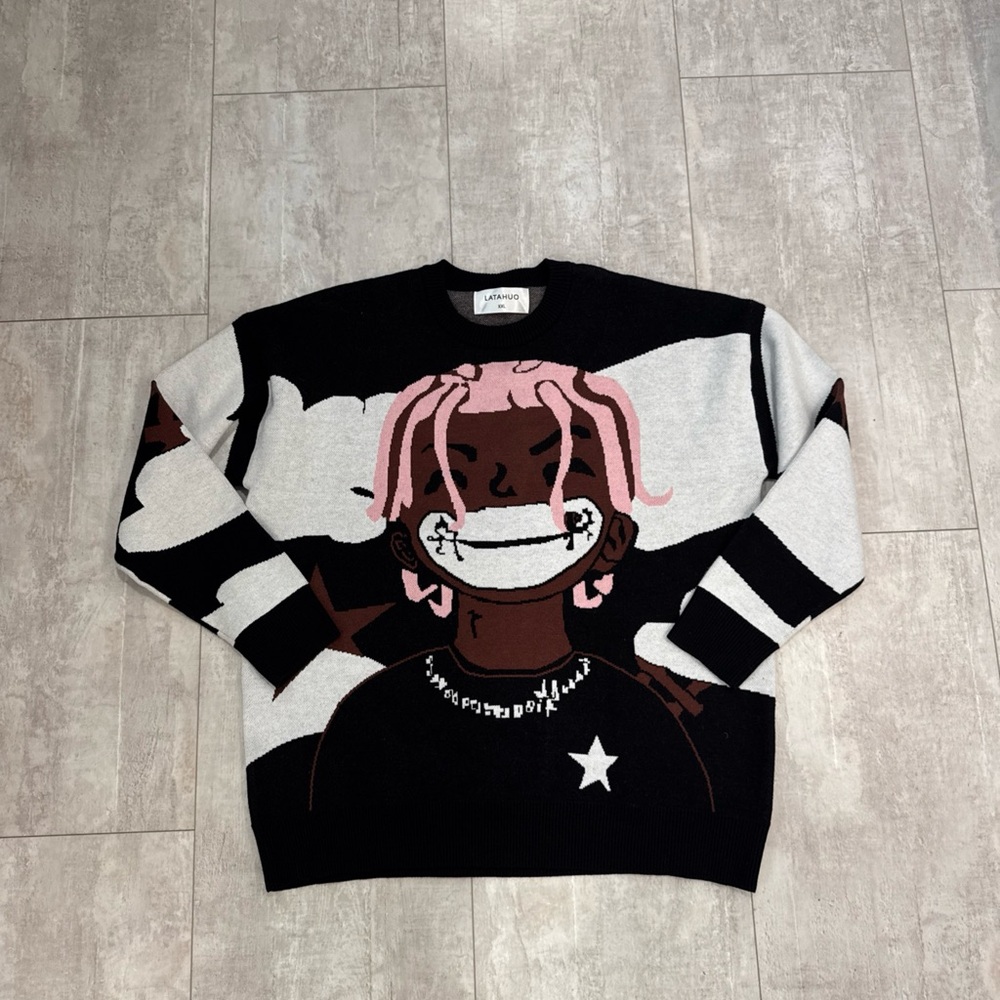 NWOT LATAHUO Graphic crew neck Black and Pink Sweater anime knit XXL Unisex